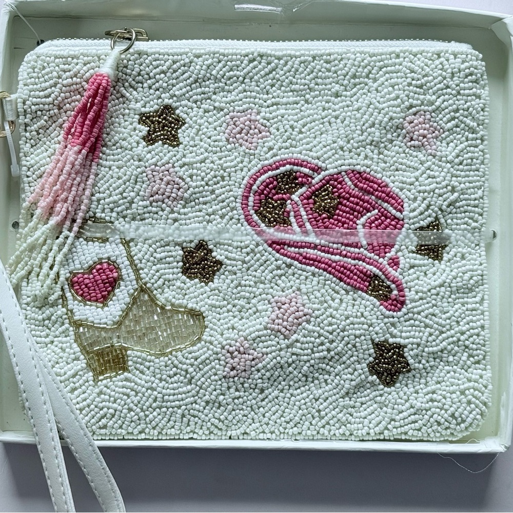 Sincerely Jules Cowgirl White and Pink Beaded Coin Pouch NWT